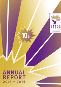 ETASHA Society's Annual Report of 2015-16. The report showcases the project details and achievements of the skill development NGO in Delhi in 2015-16.